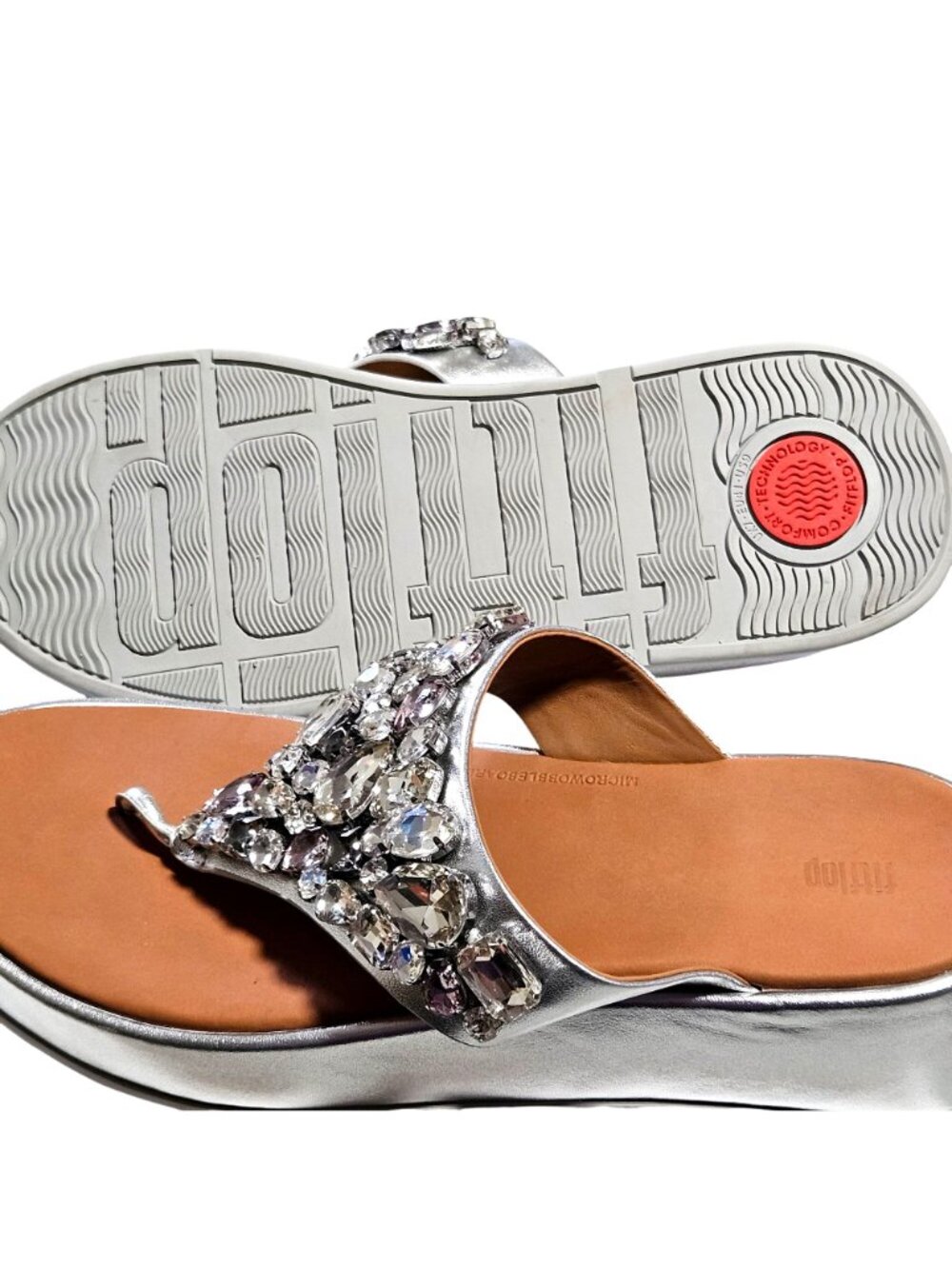 Woman's Fitflop boho rhinestone wedge style comfort silver summer flipflops 9 - Picture 8 of 8